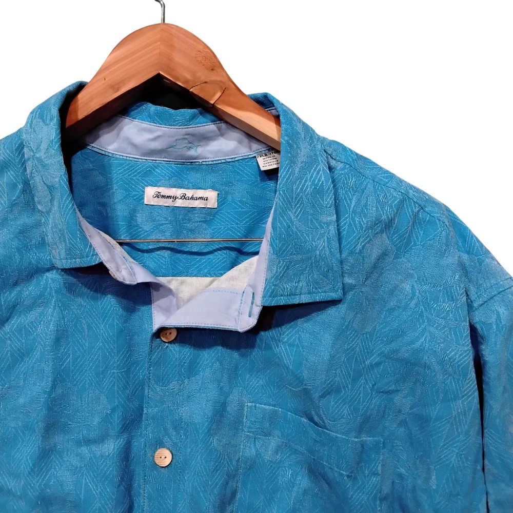 Tommy Bahama Mens 2XLB Blue 100% Silk Jacquard Tropical Short Sleeve Camp Shirt